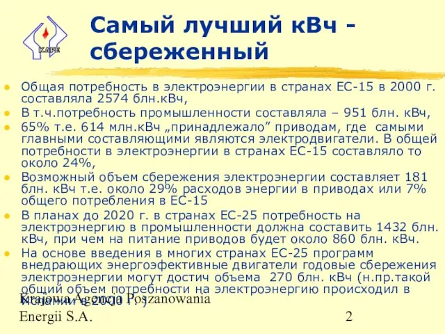 Krajowa Agencja Poszanowania Energii S.A. Самый лучший кВч - сбереженный Общая потребность