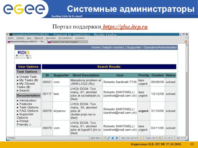Системные администраторы Портал поддержки https://glse.itep.ru