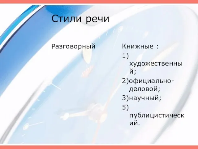 Стили речи Разговорный Книжные : 1)художественный; 2)официально-деловой; 3)научный; 5)публицистический.