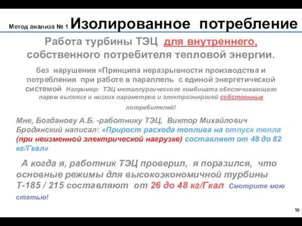 Метод анализа № 1 Изолированное потребление Работа турбины ТЭЦ для внутреннего, собственного