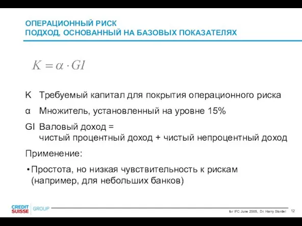 ОПЕРАЦИОННЫЙ РИСК ПОДХОД, ОСНОВАННЫЙ НА БАЗОВЫХ ПОКАЗАТЕЛЯХ K Требуемый капитал для покрытия