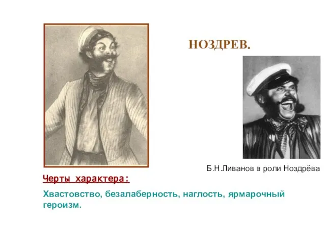 НОЗДРЕВ. Черты характера: Хвастовство, безалаберность, наглость, ярмарочный героизм. Б.Н.Ливанов в роли Ноздрёва