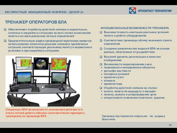 14 ТРЕНАЖЕР ОПЕРАТОРОВ БЛА Обеспечивает отработку действий экипажа в нормальных, сложных и