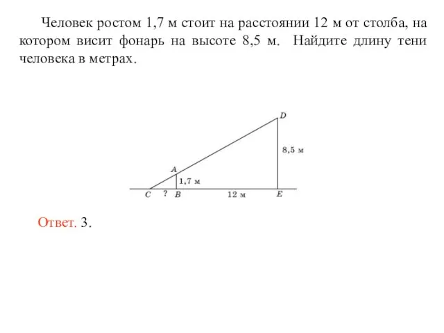 Человек ростом 1,7 м стоит на расстоянии 12 м от столба, на