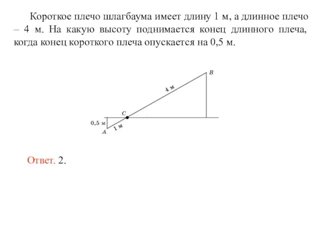 Короткое плечо шлагбаума имеет длину 1 м, а длинное плечо – 4