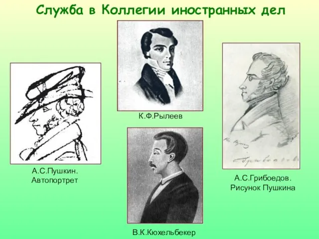 Служба в Коллегии иностранных дел А.С.Пушкин. Автопортрет А.С.Грибоедов. Рисунок Пушкина К.Ф.Рылеев В.К.Кюхельбекер