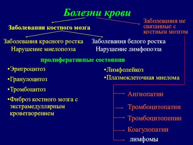 Болезни крови Заболевания красного ростка Нарушение миелопоэза Заболевания белого ростка Нарушение лимфопоэза