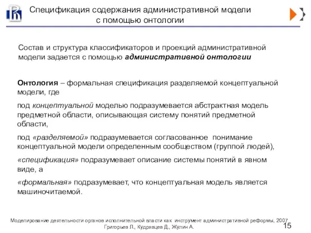 Спецификация содержания административной модели с помощью онтологии Состав и структура классификаторов и