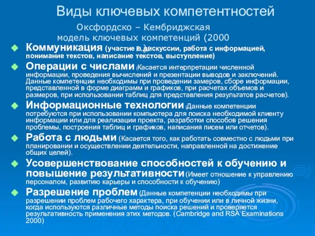 Виды ключевых компетентностей Коммуникация (участие в дискуссии, работа с информацией, понимание текстов,