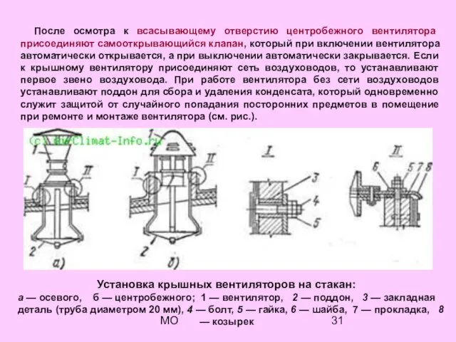 МО После осмотра к всасывающему отверстию центробежного вентилятора присоединяют самооткрывающийся клапан, который