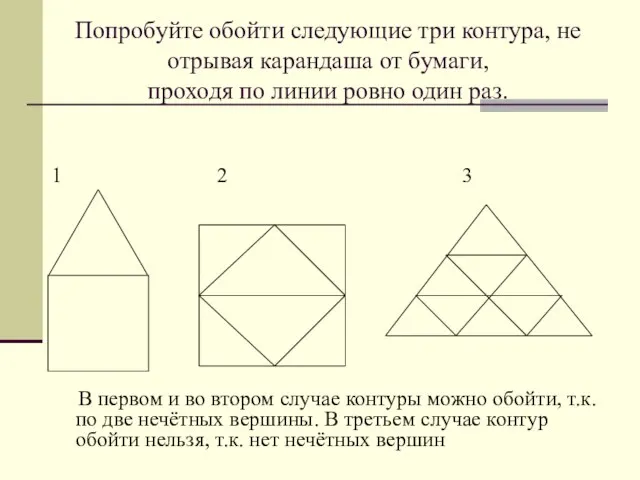 Попробуйте обойти следующие три контура, не отрывая карандаша от бумаги, проходя по