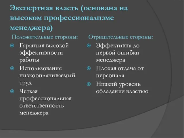 Экспертная власть (основана на высоком профессионализме менеджера) Положительные стороны: Гарантия высокой эффективности