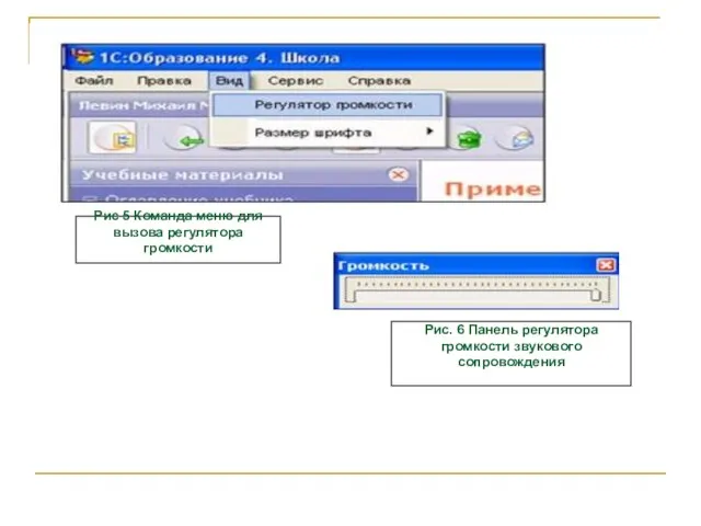 Рис 5 Команда меню для вызова регулятора громкости Рис. 6 Панель регулятора громкости звукового сопровождения