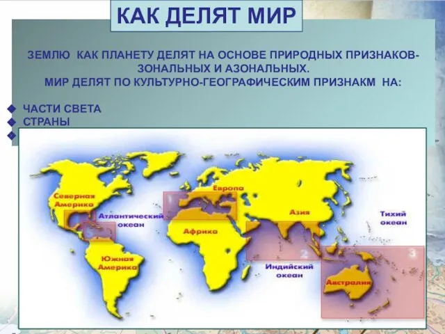 ЗЕМЛЮ КАК ПЛАНЕТУ ДЕЛЯТ НА ОСНОВЕ ПРИРОДНЫХ ПРИЗНАКОВ- ЗОНАЛЬНЫХ И АЗОНАЛЬНЫХ. МИР