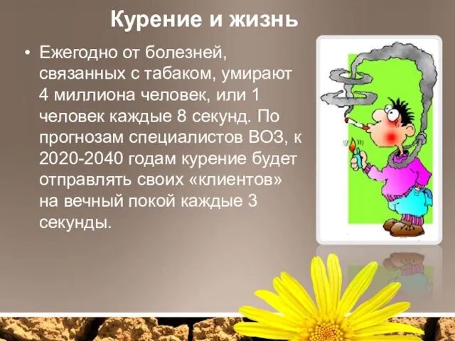 Курение и жизнь Ежегодно от болезней, связанных с табаком, умирают 4 миллиона