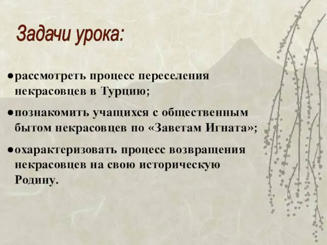 Задачи урока: рассмотреть процесс переселения некрасовцев в Турцию; познакомить учащихся с общественным