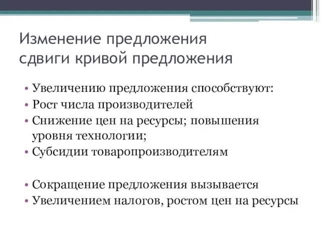 Изменение предложения сдвиги кривой предложения Увеличению предложения способствуют: Рост числа производителей Снижение