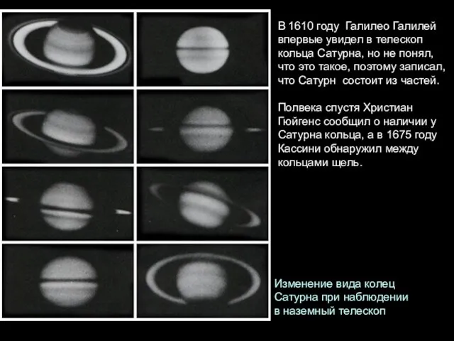 В 1610 году Галилео Галилей впервые увидел в телескоп кольца Сатурна, но