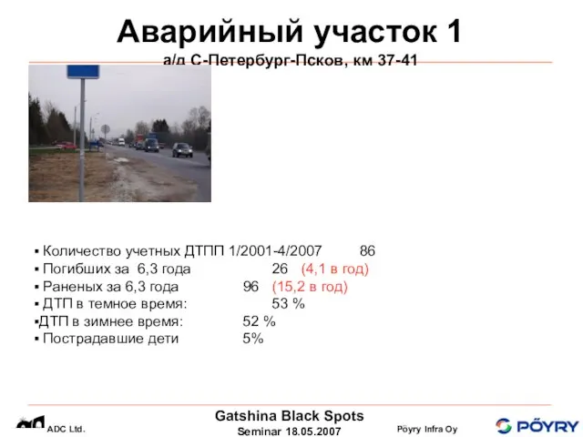 Аварийный участок 1 а/д С-Петербург-Псков, км 37-41 Количество учетных ДТПП 1/2001-4/2007 86