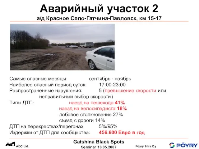 Аварийный участок 2 а/д Красное Село-Гатчина-Павловск, км 15-17 Самые опасные месяцы: сентябрь