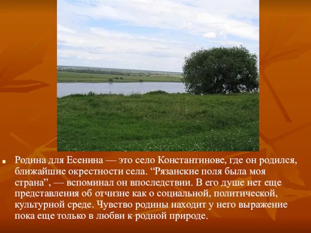 Родина для Есенина — это село Константинове, где он родился, ближайшие окрестности