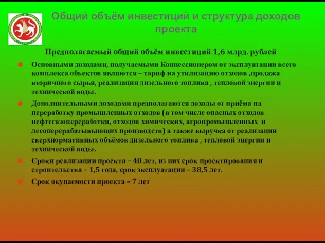 Общий объём инвестиций и структура доходов проекта Предполагаемый общий объём инвестиций 1,6