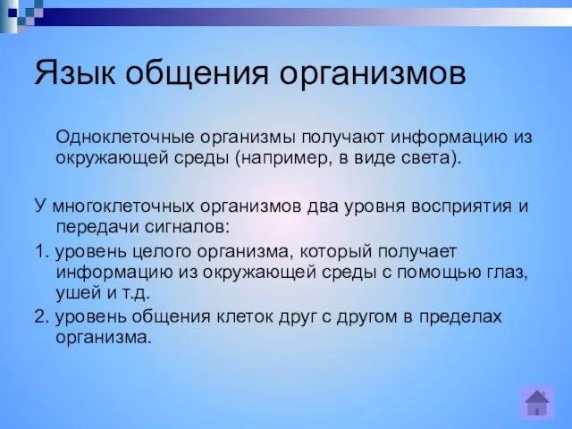 Язык общения организмов Одноклеточные организмы получают информацию из окружающей среды (например, в