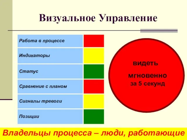 Визуальное Управление Владельцы процесса – люди, работающие на этом участке видеть мгновенно за 5 секунд