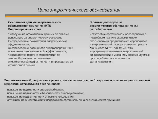 Цели энергетического обследования 1) получение объективных данных об объеме используемых энергетических ресурсов;