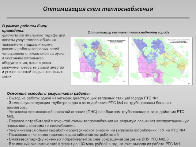 Оптимизация схем теплоснабжения В рамках работы были проведены: -расчеты оптимального тарифа для