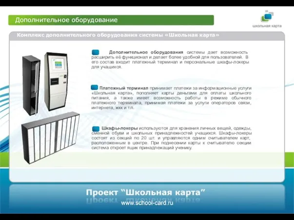 Дополнительное оборудование Комплекс дополнительного оборудования системы «Школьная карта» Дополнительное оборудования системы дает