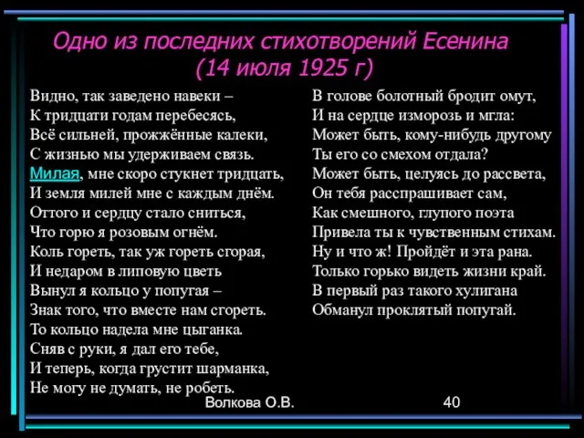 Волкова О.В. Одно из последних стихотворений Есенина (14 июля 1925 г) Видно,