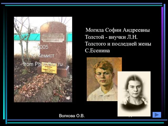 Волкова О.В. Могила Софии Андреевны Толстой - внучки Л.Н.Толстого и последней жены С.Есенина