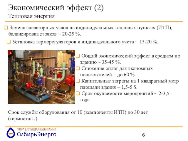 Экономический эффект (2) Тепловая энергия Общий экономический эффект в среднем по зданию