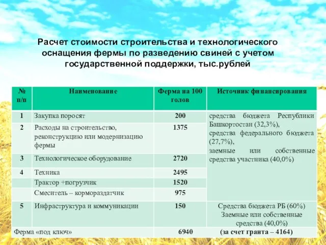 Расчет стоимости строительства и технологического оснащения фермы по разведению свиней с учетом государственной поддержки, тыс.рублей