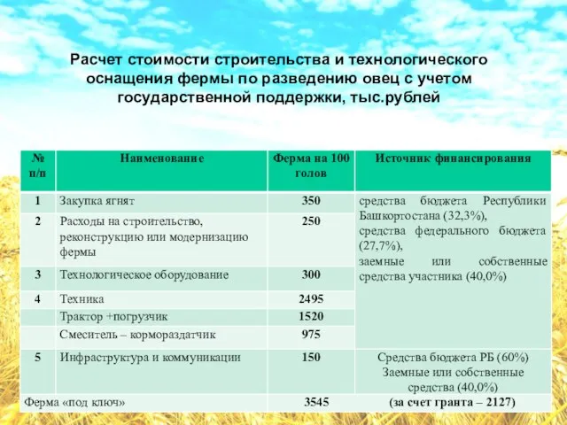 Расчет стоимости строительства и технологического оснащения фермы по разведению овец с учетом государственной поддержки, тыс.рублей