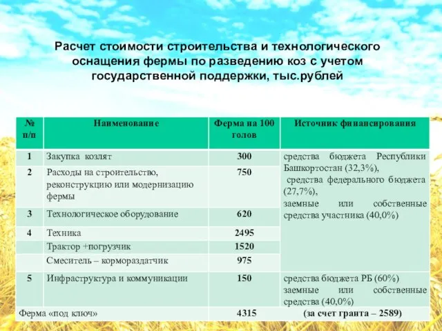 Расчет стоимости строительства и технологического оснащения фермы по разведению коз с учетом государственной поддержки, тыс.рублей