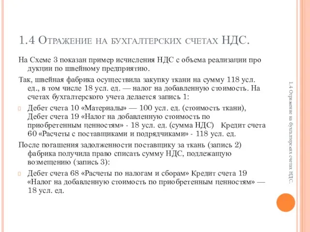 1.4 Отражение на бухгалтерских счетах НДС. На Схеме 3 показан пример исчисления