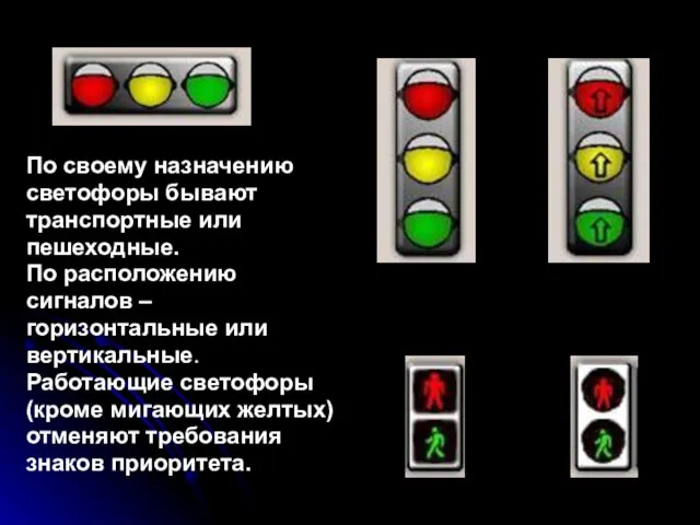 По своему назначению светофоры бывают транспортные или пешеходные. По расположению сигналов –