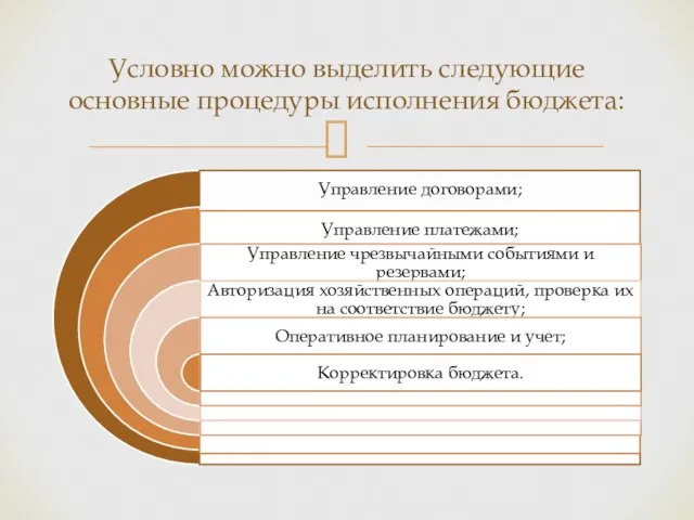 Условно можно выделить следующие основные процедуры исполнения бюджета: