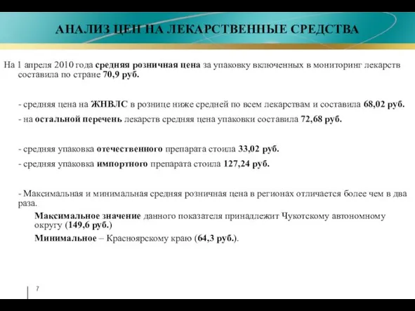 На 1 апреля 2010 года средняя розничная цена за упаковку включенных в