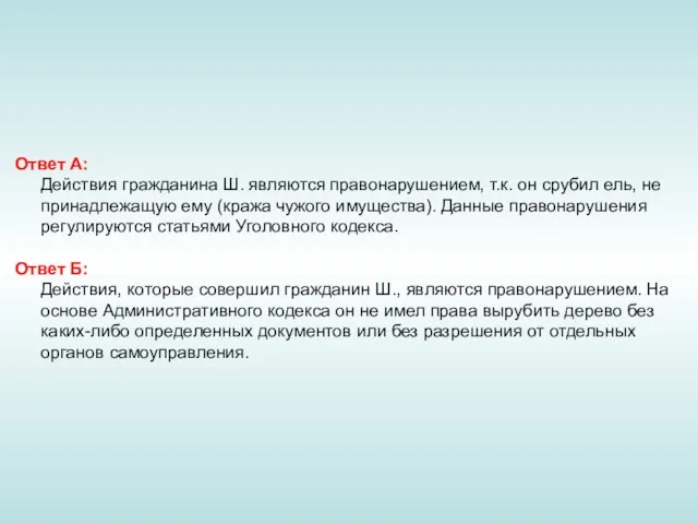 Ответ А: Действия гражданина Ш. являются правонарушением, т.к. он срубил ель, не