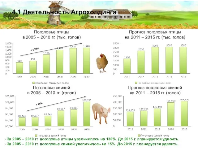 4.1 Деятельность Агрохолдинга Поголовье птицы в 2005 – 2010 гг. (тыс. голов)