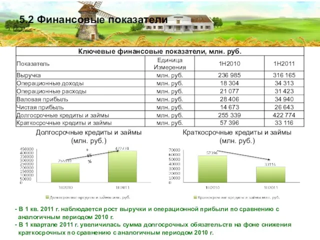 5.2 Финансовые показатели - В 1 кв. 2011 г. наблюдается рост выручки