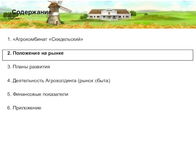 Содержание 1. «Агрокомбинат «Скидельский» 2. Положение на рынке 3. Планы развития 4.