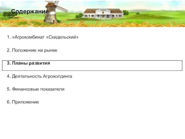 Содержание 1. «Агрокомбинат «Скидельский» 2. Положение на рынке 3. Планы развития 4.