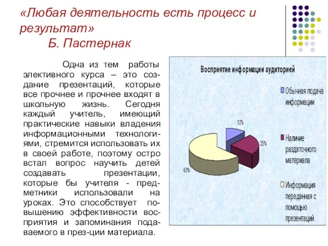 «Любая деятельность есть процесс и результат» Б. Пастернак Одна из тем работы