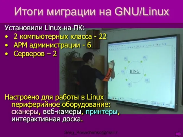 Serg_Kosachenko@mail.ru Итоги миграции на GNU/Linux Установили Linux на ПК: 2 компьютерных класса