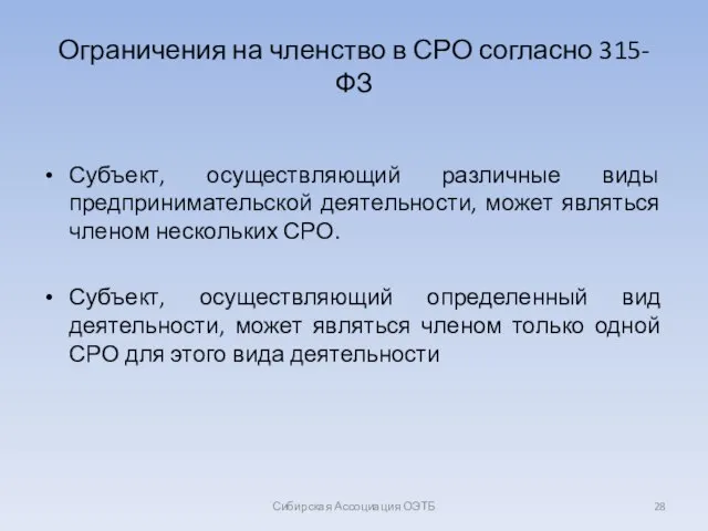 Ограничения на членство в СРО согласно 315-ФЗ Субъект, осуществляющий различные виды предпринимательской