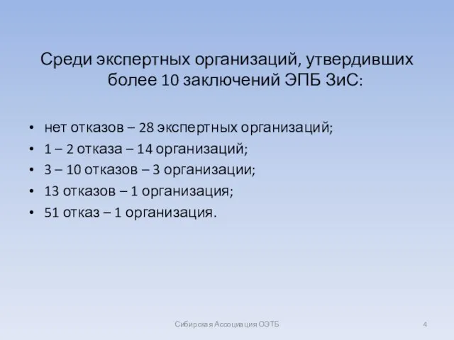 Среди экспертных организаций, утвердивших более 10 заключений ЭПБ ЗиС: нет отказов –